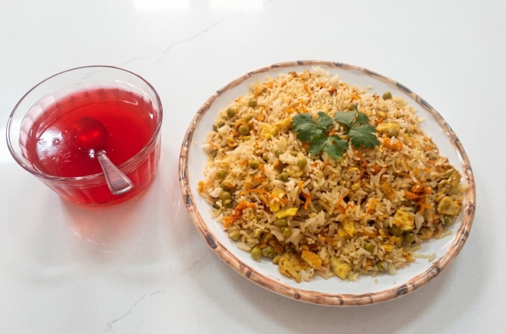 Arroz 3 delicias com molho agridoce